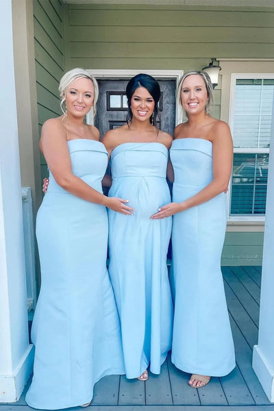 Simple Sheath Strapless Light Blue Satin Bridesmaid Dress VK24122401