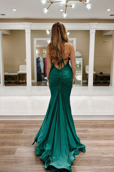 Cute Mermaid V Neck Dark Green Elastic Satin Long Prom Dresses with Slit VK24101011