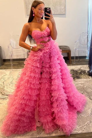 Ball Gown Sweetheart Pink Tiered Tulle Prom Dress VK23102305
