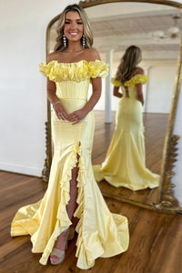 Charming Mermaid Off the Shoulder Yellow Satin Long Prom Dresses with Slit VK24102009