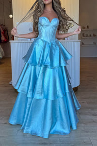 A-Line Strapless Light Blue Ruffle Tiered Long Prom Dresses with Bowknot VK25040102