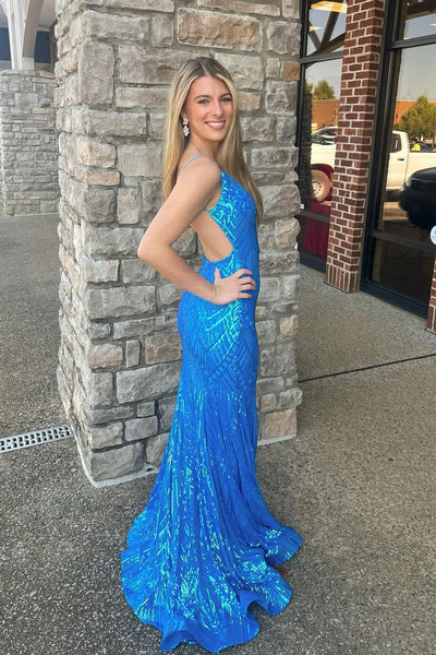 Cute Mermaid V Neck Blue Sequins Lace Slit Prom Dress VK1361708