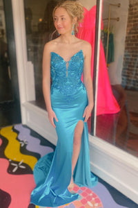 Charming Mermaid V Neck Blue Satin Mermaid Prom Dress with Slit VK24101401