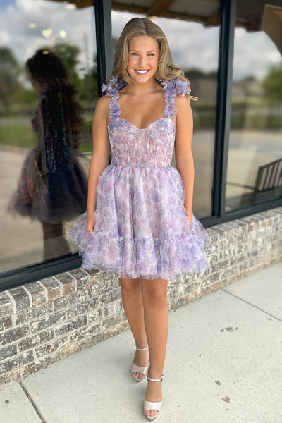 Cute A-Line Sweetheart Lilac Floral Printed Short Homecoming Dresses VK24062105