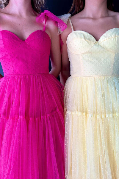 Fuchsia Sweetheart Tie Straps Tulle A-Line Long Prom Dresses VK23120301