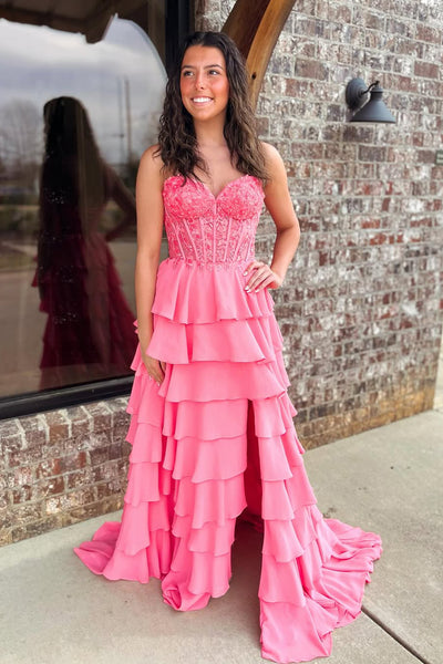 Cute A-Line Sweetheart Pink Ruffle Tiered Long Prom Dresses with Slit VK25040106