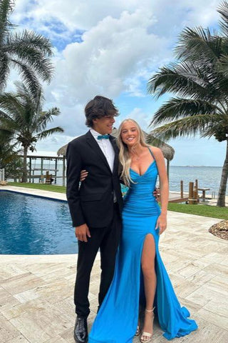 Cute Mermaid V Neck Blue Satin Slit Prom Dress VK24121404