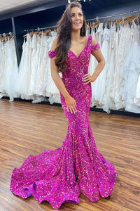 Mermaid Off-the-Shoulder Fuchsia Sequins Long Prom Dress VK23121803