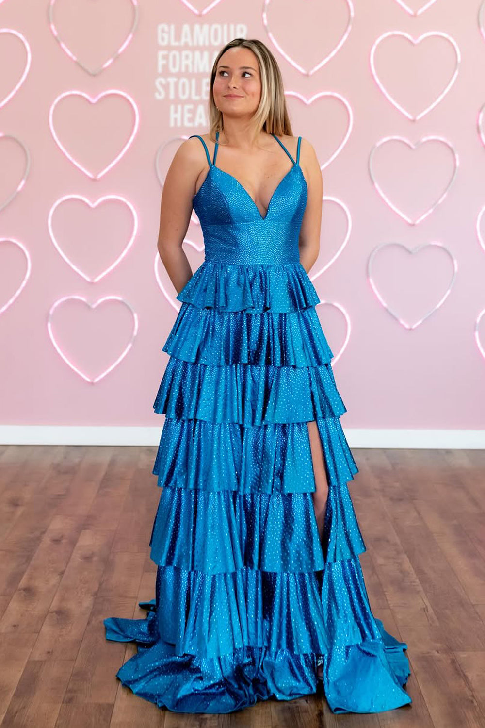 A-Line V Neck Blue Satin Beads Ruffle Tiered Long Prom Dresses with Slit VK022308