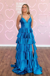A-Line V Neck Blue Satin Beads Ruffle Tiered Long Prom Dresses with Slit VK022308