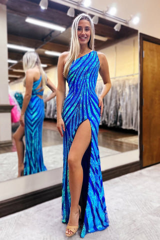 Cute Mermaid One Shoulder Blue Sequins Lace Long Prom Dress with Sit VK24123001