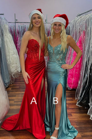 Charming Mermaid Sweetheart Red Sparkly Satin Prom Dress with Appliques VK24122505