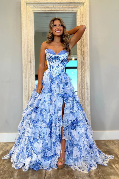 Cute A Line Sweetheart Blue Floral Chiffon Tiered Prom Dress with Slit VK25013101