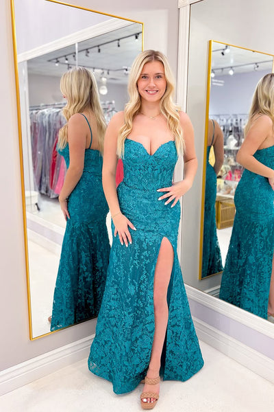 Charming Mermaid Sweetheart Teal Lace Long Prom Dresses with Slit VK24120901