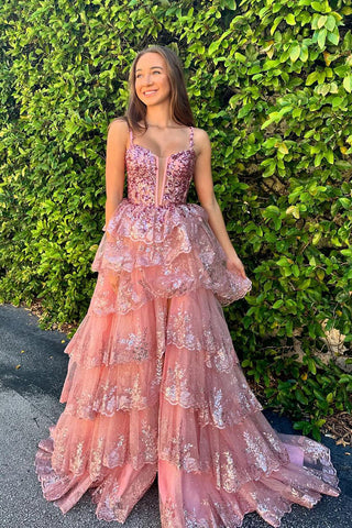 Cute A Line V Neck Blush Sequins Tiered Prom Dresses