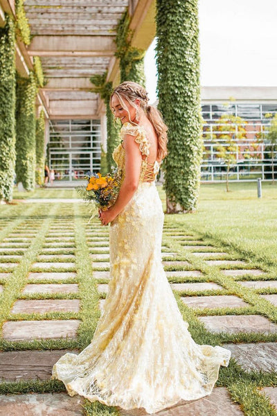 Yellow Sweetheart Sequin Appliques Long Prom Dresses with 3D Flowers VK24052801