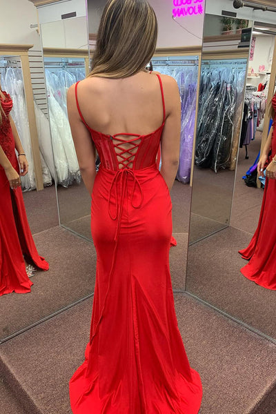 Charming Mermaid Sweetheart Red Satin Slit Prom Dresses with Appliques VK130611