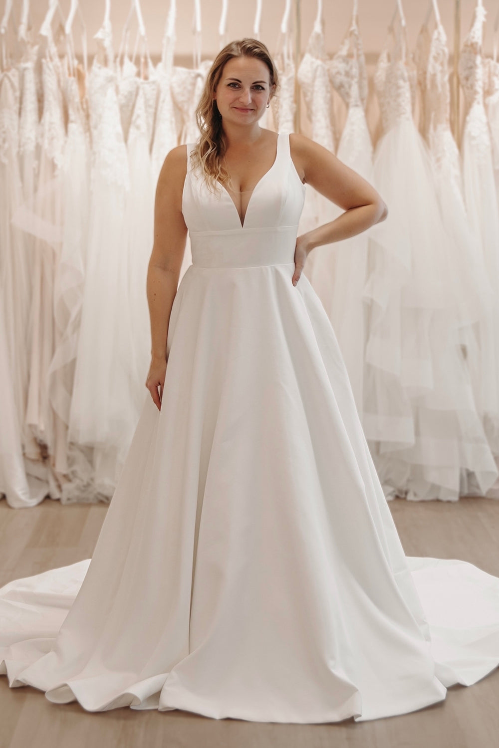 Cute A Line V Neck Satin Long Wedding Dresses with Botton VK24121802