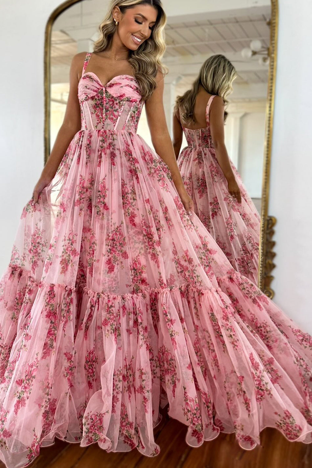 Fairy A Line Sweetheart Blush Floral Printed Chiffon Long Prom Dress VK24123006