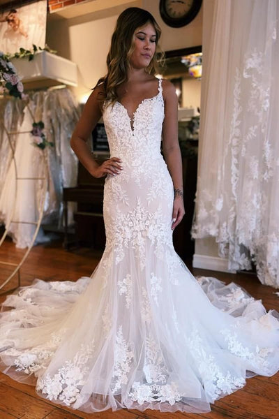 Elegant Mermaid V Neck Lace Long Wedding Dresses with Appliques VK24100908