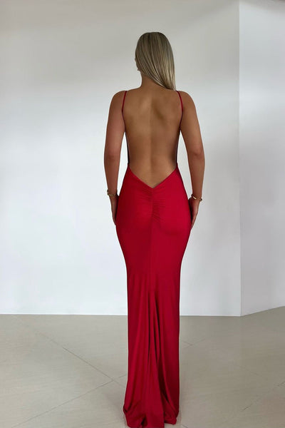 Sexy Mermaid V Neck Red Elastic Satin Prom Dresses