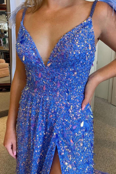 Blue V Neck Sequins A-Line Long Prom Dresses with Slit VK24050701