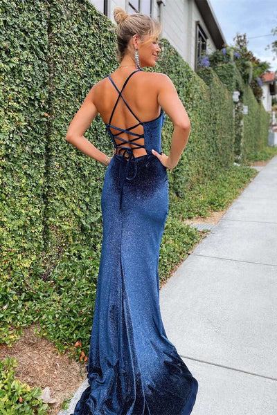 Mermaid Navy Blue Velvet Long Prom Formal Prom Dress with Slit