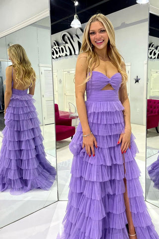 Lilac Sweetheart Ruffle Tulle Keyhole Long Prom Dresses with Slit VK24041405