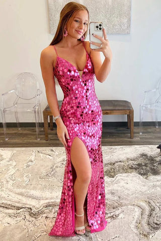 Gorgeous Mermaid V Neck Hot Pink Beading Long Prom Dresses with Slit VK24101910