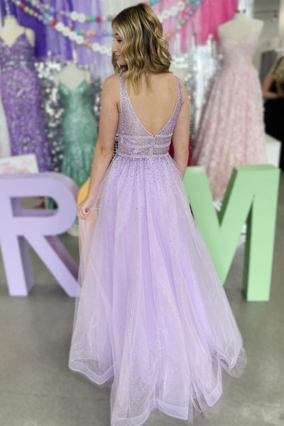 Cuet A Line Lavender Tulle V Neck Beaded Prom Dresses with Slit