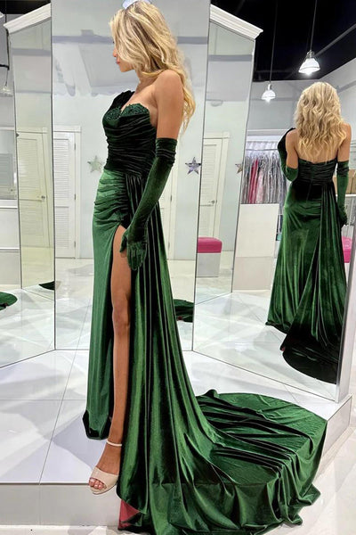 Chic Mermaid Sweetheart Velvet Green Prom Dresses with Slit