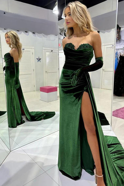 Chic Mermaid Sweetheart Velvet Green Prom Dresses with Slit