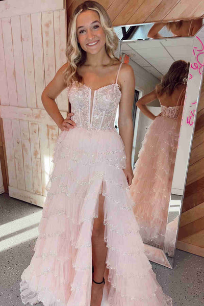 Cute A Line V Neck Pink Cutout Sequined Layered Long Prom Dress