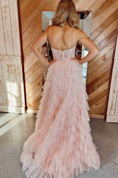 Cute A Line V Neck Pink Cutout Sequined Layered Long Prom Dress