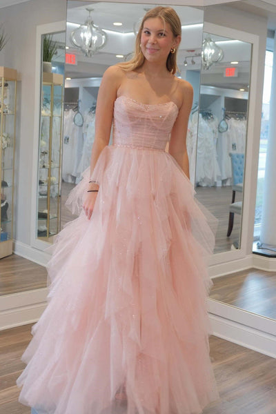 Cute A Line Strapless Pink Tulle Long Prom Dresses