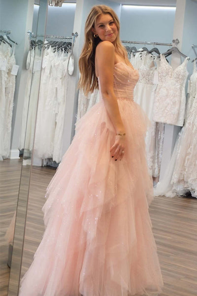 Cute A Line Strapless Pink Tulle Long Prom Dresses