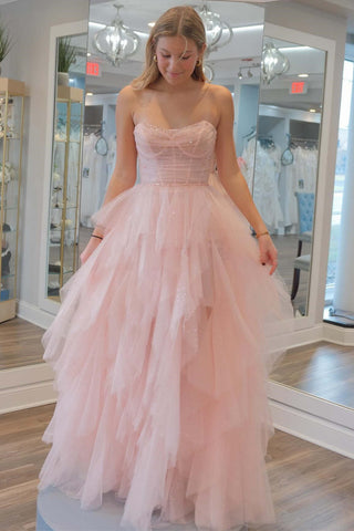 Cute A Line Strapless Pink Tulle Long Prom Dresses