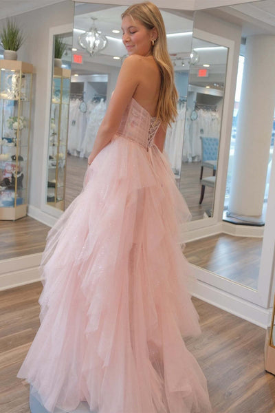 Cute A Line Strapless Pink Tulle Long Prom Dresses