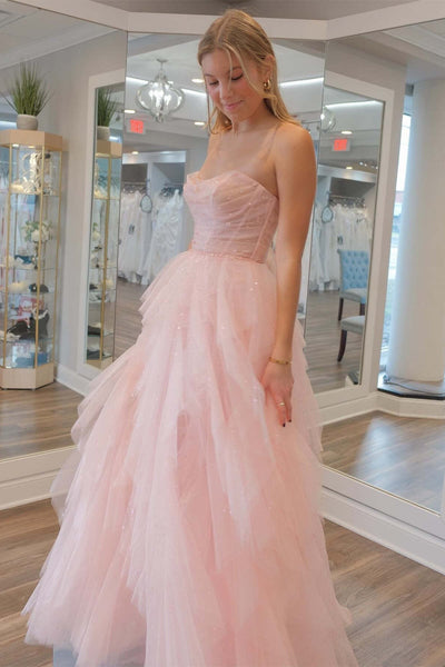 Cute A Line Strapless Pink Tulle Long Prom Dresses