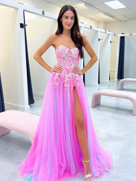 Cute A Line Sweetheart Colorful Tulle Slit Prom Dress with Appliques