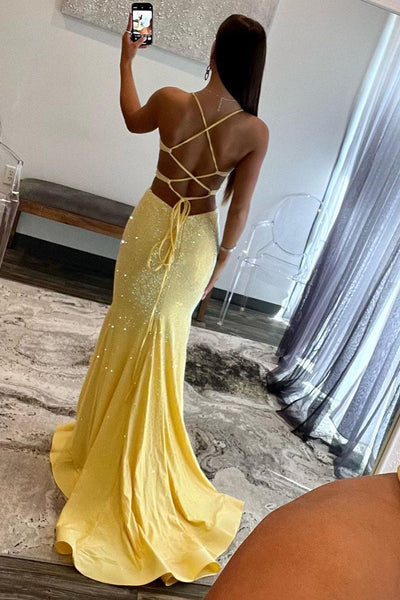 Cute Mermaid Sparkly Satin V Neck Yellow Satin Long Prom Dresses with Beading