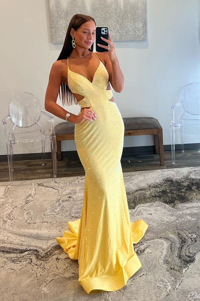 Cute Mermaid Sparkly Satin V Neck Yellow Satin Long Prom Dresses with Beading