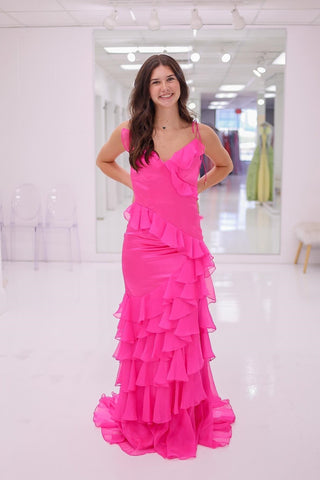 Charming Sheath Tie-Shoulder Pink Chiffon Ruffle Tiered Long Prom Dress with Slit