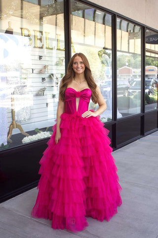 Ball Gown Sweetheart Hot Pink Tiered Tulle Long Prom Dresses