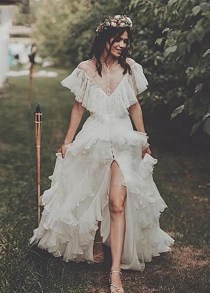 Bohemian A-Line See-through Ruffle Tulle Wedding Brides Dress