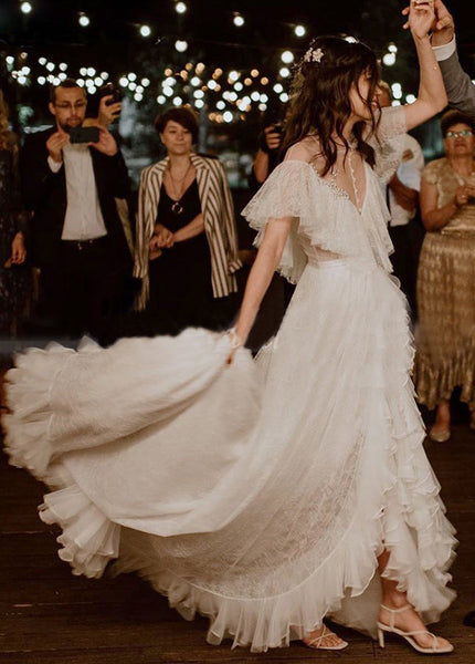 Bohemian A-Line See-through Ruffle Tulle Wedding Brides Dress