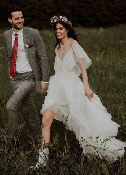 Bohemian A-Line See-through Ruffle Tulle Wedding Brides Dress