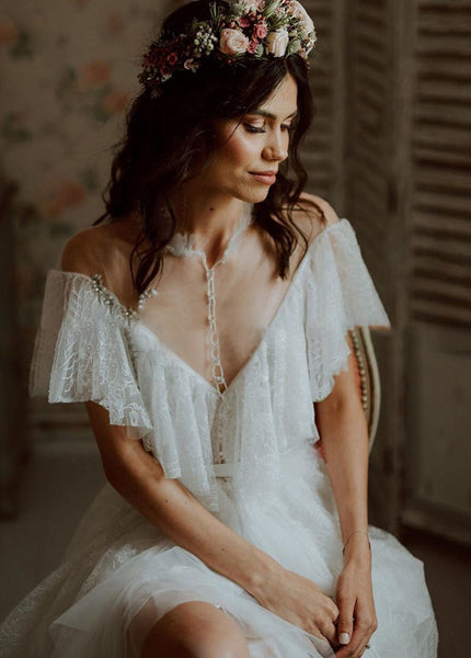 Bohemian A-Line See-through Ruffle Tulle Wedding Brides Dress