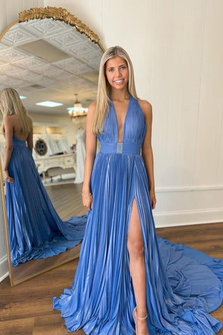 Elegant A Line Deep V Neck Backless Pleated Chiffon Prom Dresses with Slit