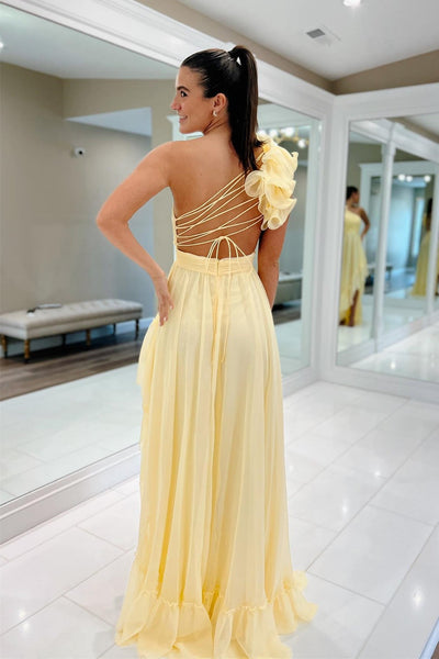 Light Yellow A-line One Shoulder Lace-Up Pleated Ruffle High-Low Prom Dress